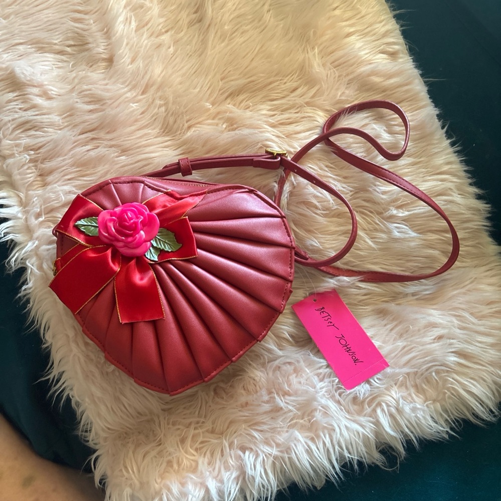 Betsey Johnson Red Heart-Shaped Crossbody with Rose Accent